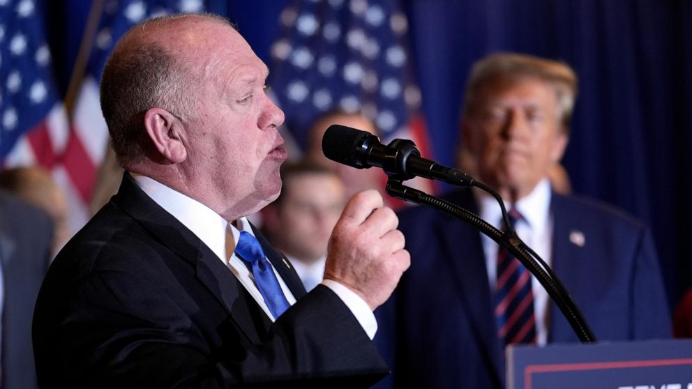 PHOTO: Tom Homan speaks as Republican presidential candidate former President Donald Trump listens at a primary election night party in Nashua, N.H., Jan. 23, 2024.