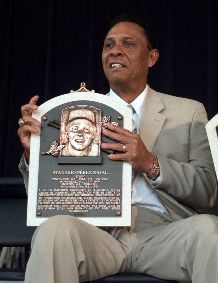 PHOTO: Former Cincinnati Reds player Tony Perez displays his plaque, after being inducted into the National Baseball Hall of Fame, during ceremonies, July 23, 2000, in Cooperstown, N.Y.