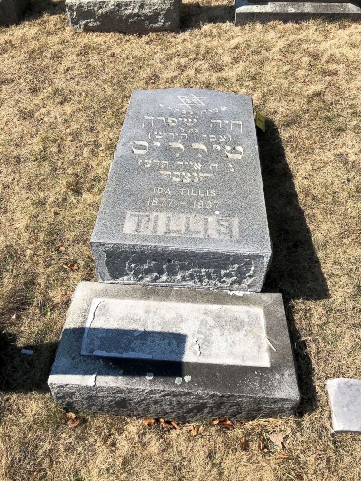 PHOTO: A tombstone was toppled at the Hebrew Cemetery in Fall River, Mass., March 19, 2019.