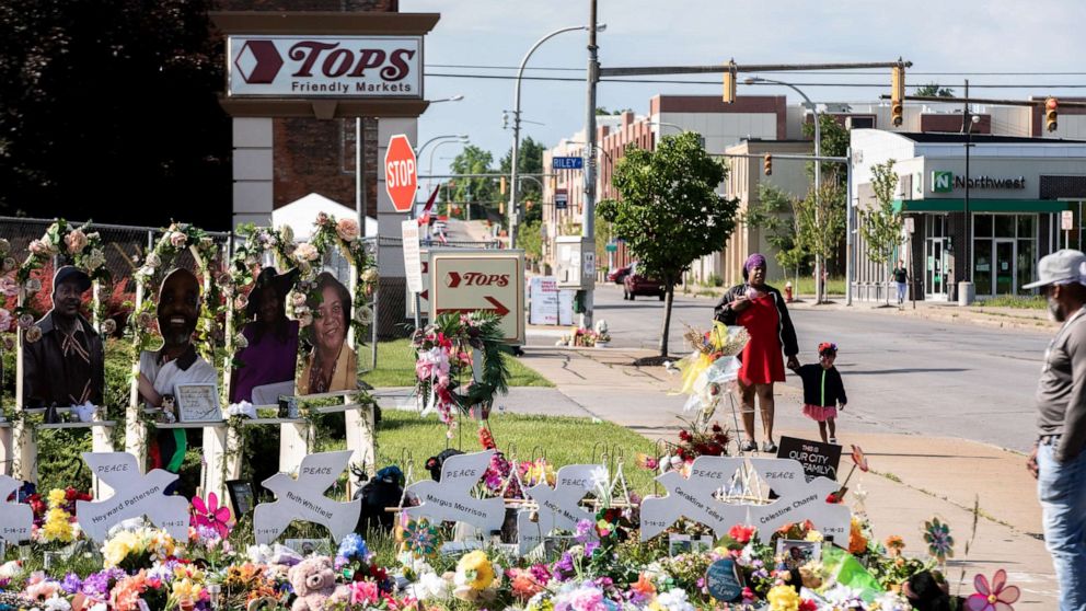 PHOTO: A memorial to the dead in the Tops grocery store mass shooting is shown during a March For Our Lives event on June 11, 2022 in Buffalo, New York.
