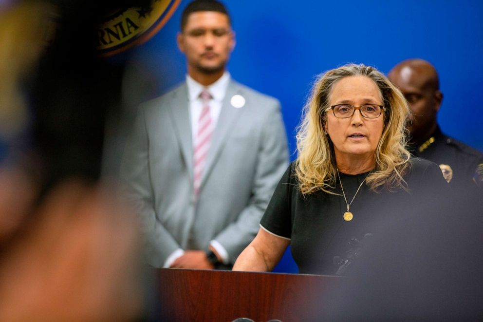 PHOTO: Stockton District Attorney Tori Verber Salazar addresses the media of the arrest of Wesley Brownlee, 43, a suspect in relation to a string of killings in Stockton and Oakland, during a press conference in Stockton, California, Oct. 15, 2022.