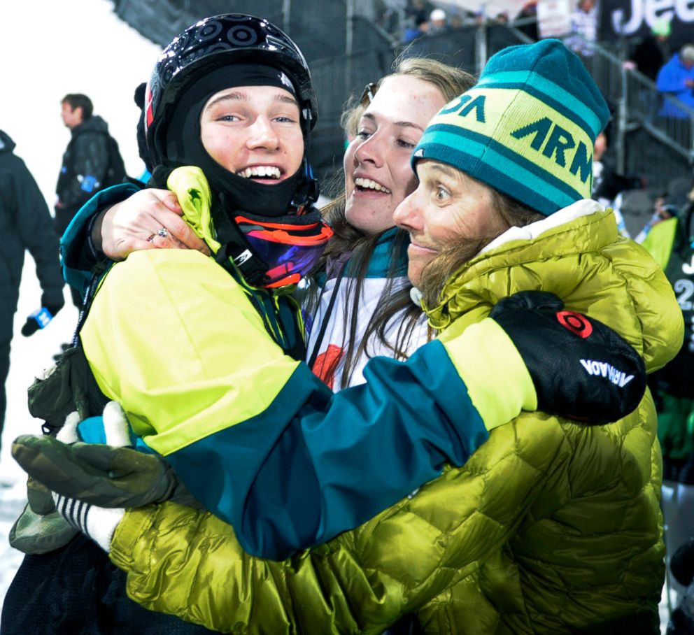 PHOTO: Yater-Wallace, 15, after winning second place in the finals of the skiing super pipe is greeted by his mother Stace Wallace (R) and his sister Saren Yater-Wallace at the bottom of the pipe, Jan. 27, 2011.