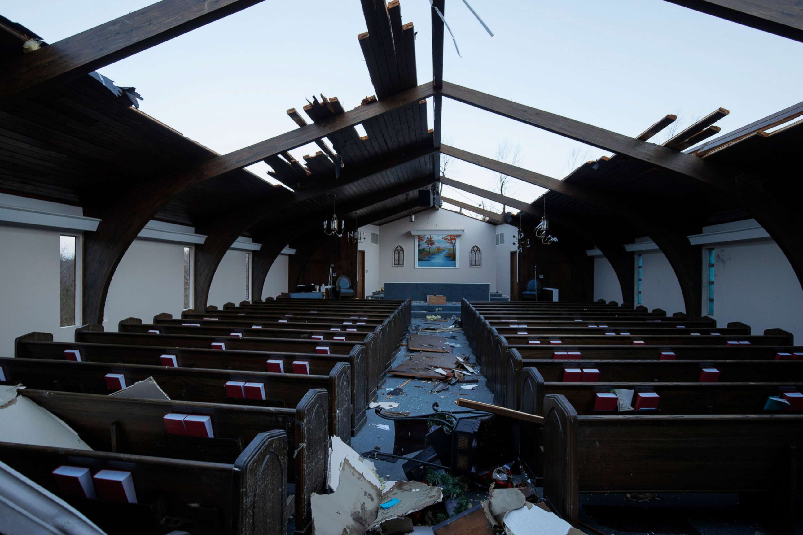 PHOTO: An interior view of tornado damage to Emmanuel Baptist Church, Dec. 11, 2021, in Mayfield, Ky. 