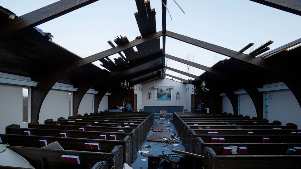 PHOTO: An interior view of tornado damage to Emmanuel Baptist Church, Dec. 11, 2021, in Mayfield, Ky. 