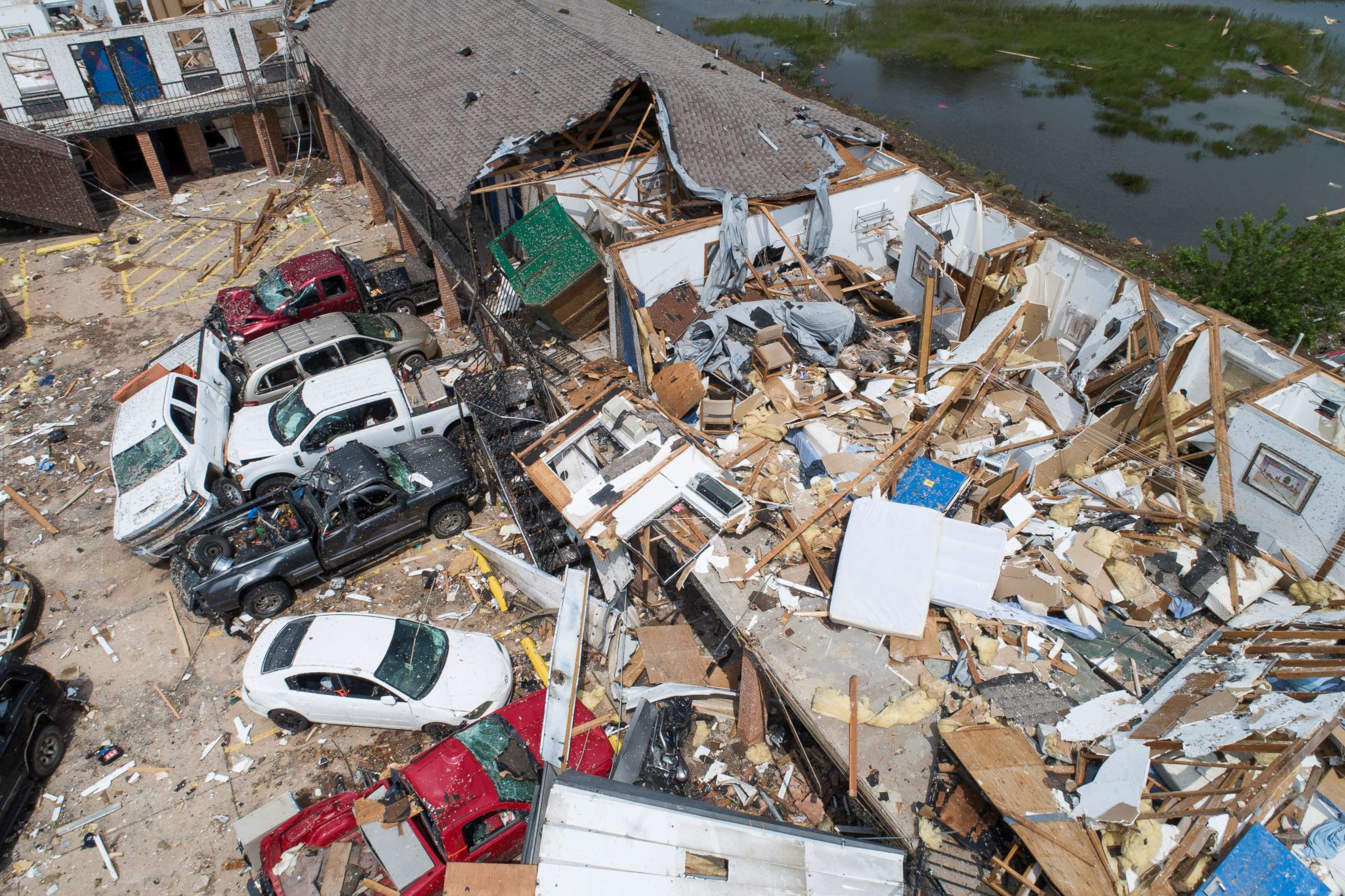 PHOTO: Damage to the American Budget Value Inn is seen in an aerial photo, May 26, 2019, after it was hit by a tornado in El Reno, Okla. 