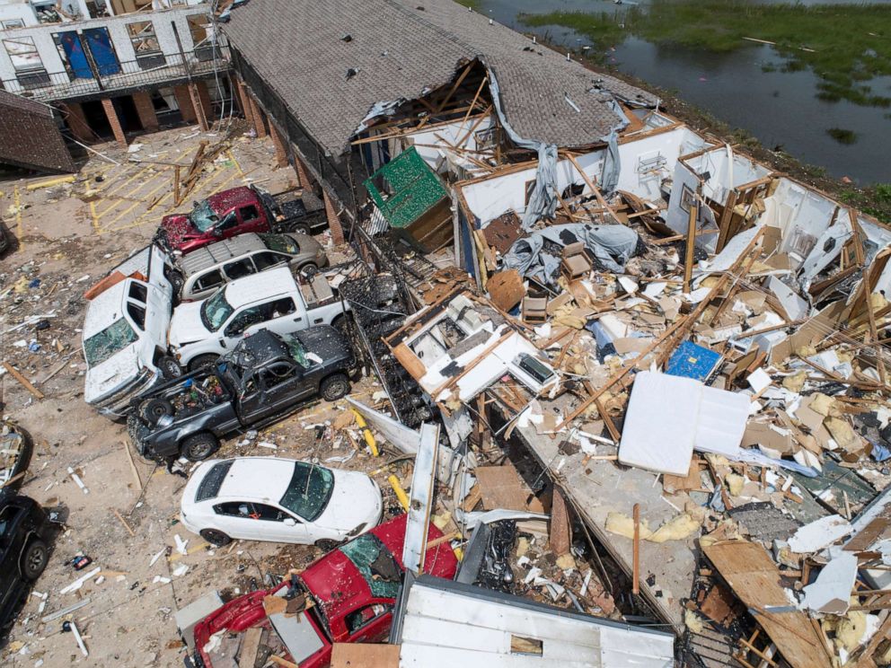 PHOTO: Damage to the American Budget Value Inn is seen in an aerial photo, May 26, 2019, after it was hit by a tornado in El Reno, Okla.