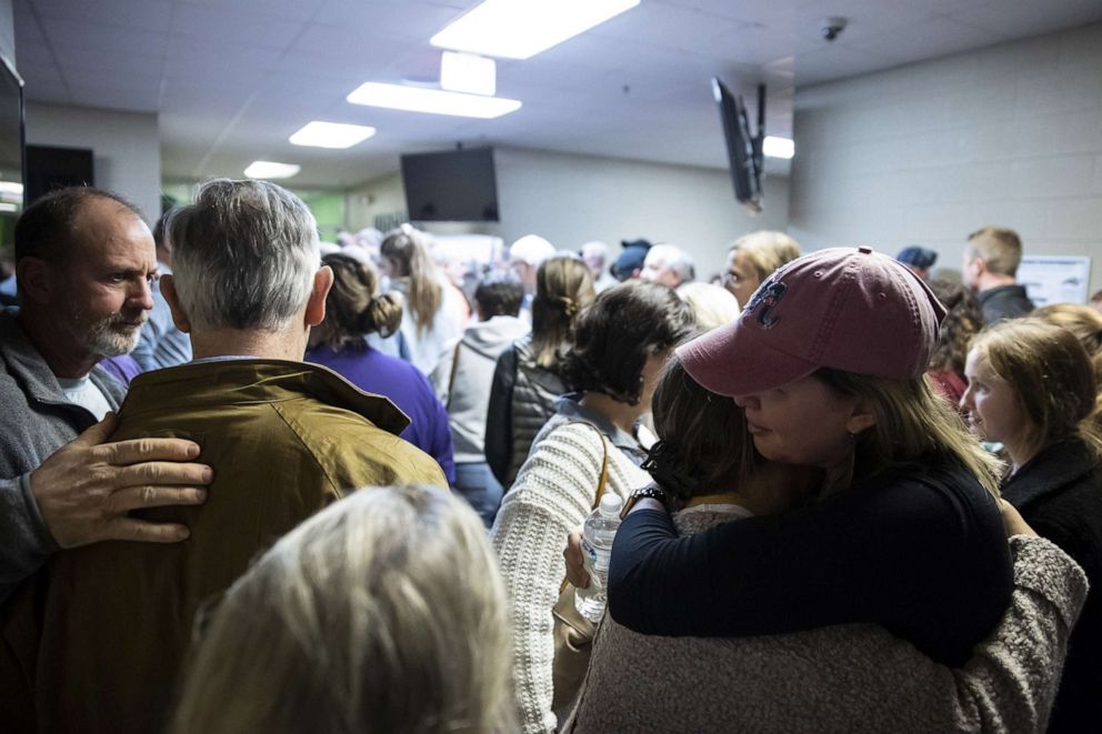 PHOTO: Members of the Cookeville community gather for a prayer service at Collegeside Church of Christ, March 3, 2020, in Cookeville, Tenn. A tornado passed through the Nashville area just after midnight leaving a wake of damage in its path. 