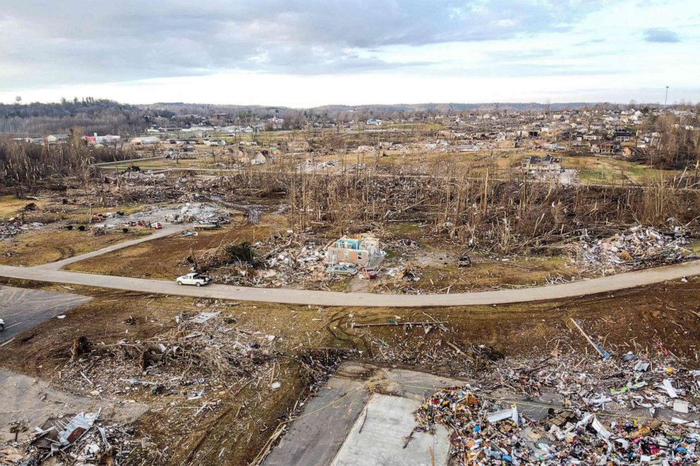 PHOTO: An aerial view of a neighborhood in Mayfield, Ky., Dec. 14, 2021, four days after tornadoes hit the area.
