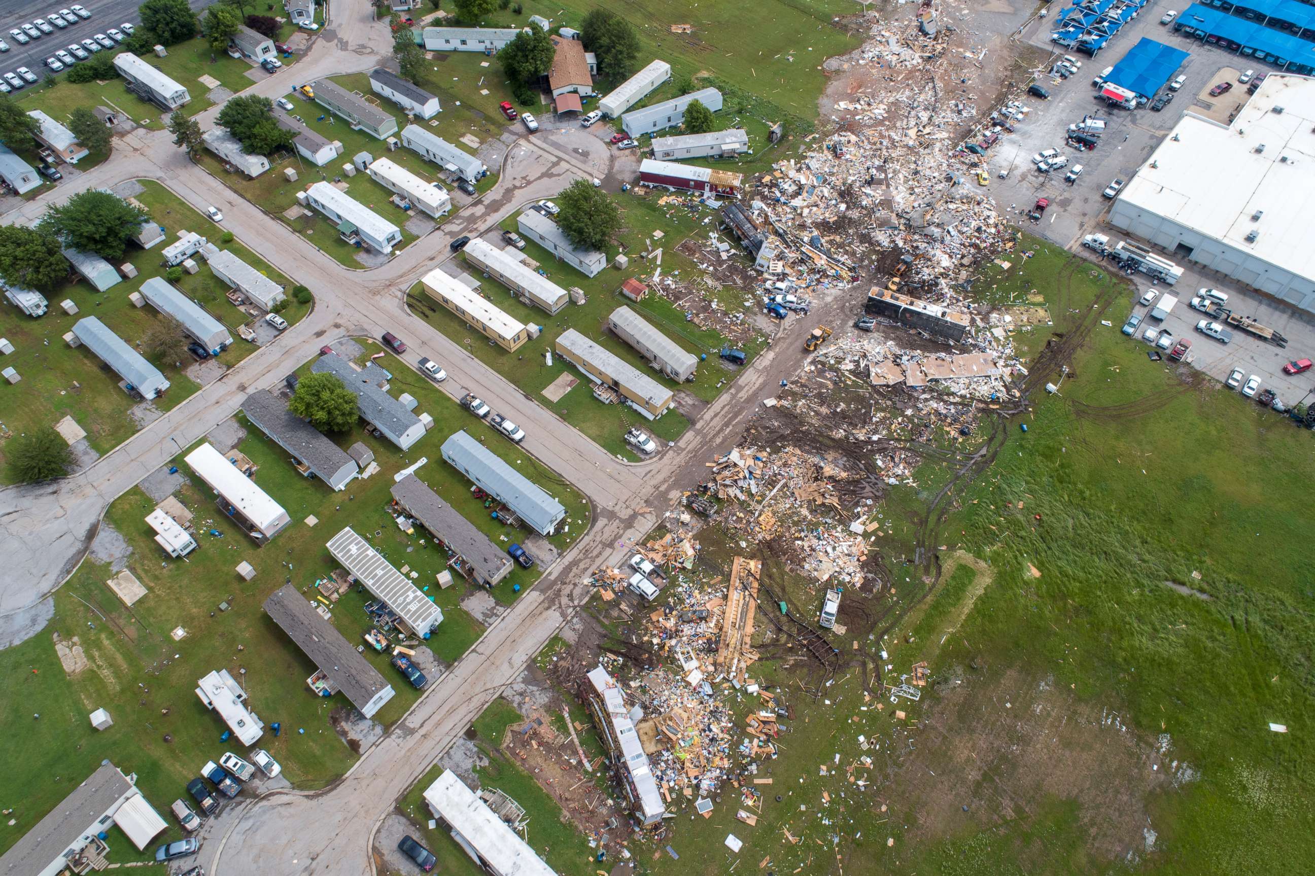 PHOTO:A path of destruction through the Skyview Mobile Park Estates is seen in an aerial photo, May 26, 2019, after it was hit by a tornado in El Reno, Okla.