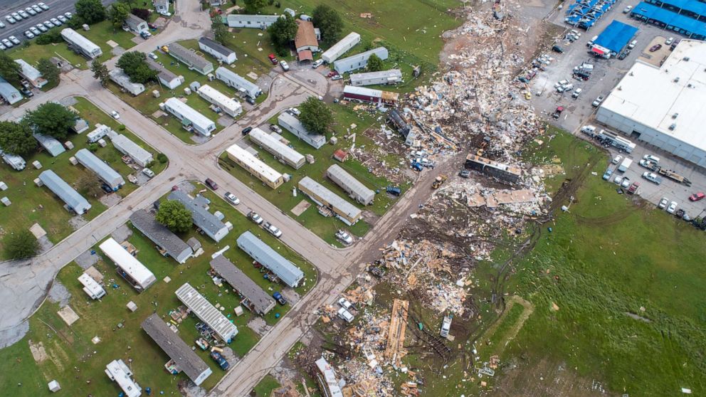 PHOTO:A path of destruction through the Skyview Mobile Park Estates is seen in an aerial photo, May 26, 2019, after it was hit by a tornado in El Reno, Okla.