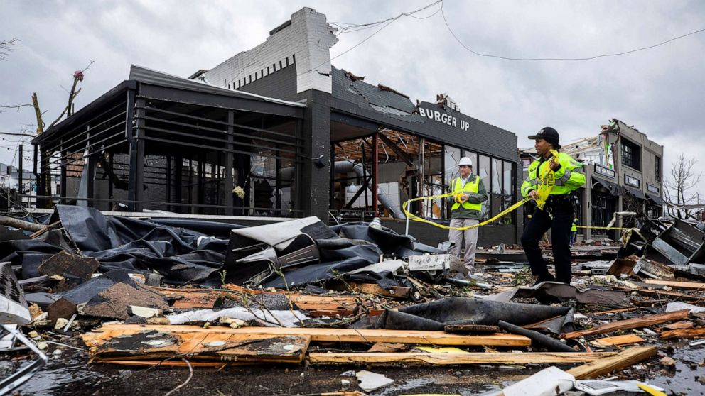 PHOTO: Police at the scene of a damage caused by a tornado in Nashville, Tenn., March 3, 2020. 