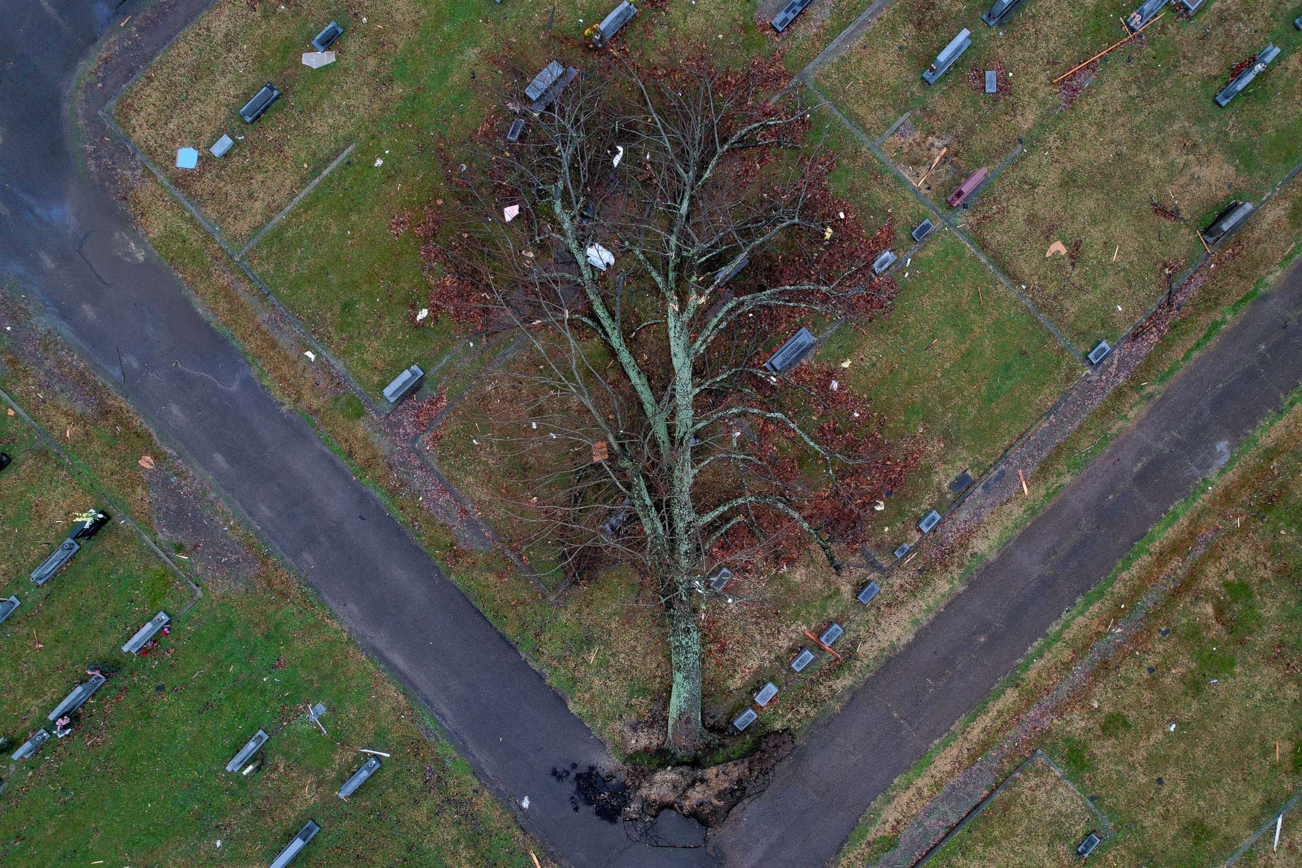 PHOTO: An aerial view of a fallen tree in a graveyard after a devastating outbreak of tornadoes ripped through several U.S. states, in Mayfield, Ky., Dec. 17, 2021. 