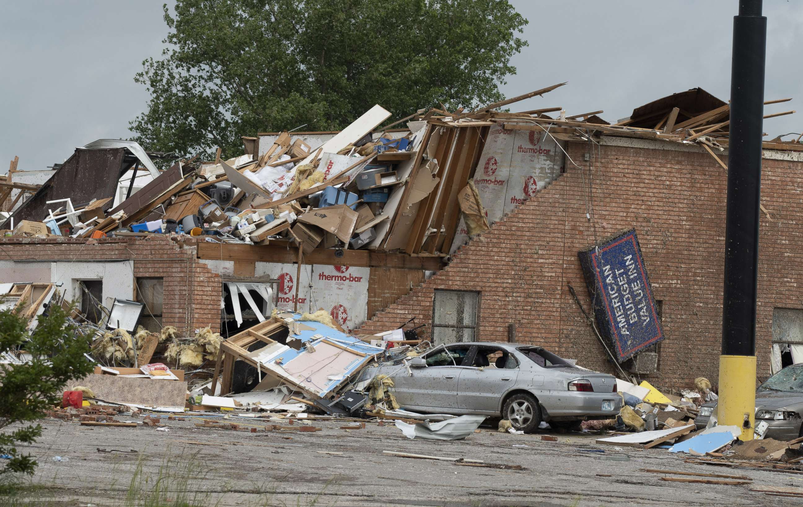 PHOTO: The American Budget Value Inn is shown all but flattened, May 26, 2019, in El Reno, Okla. 