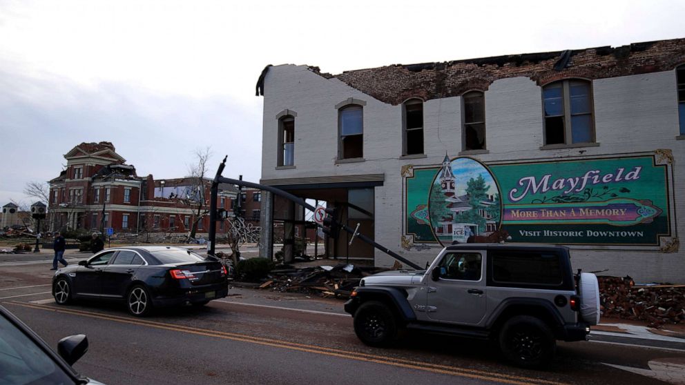 PHOTO: Heavy damage is seen downtown after a tornado swept through the area, Dec. 11, 2021 in Mayfield, Ky. 
