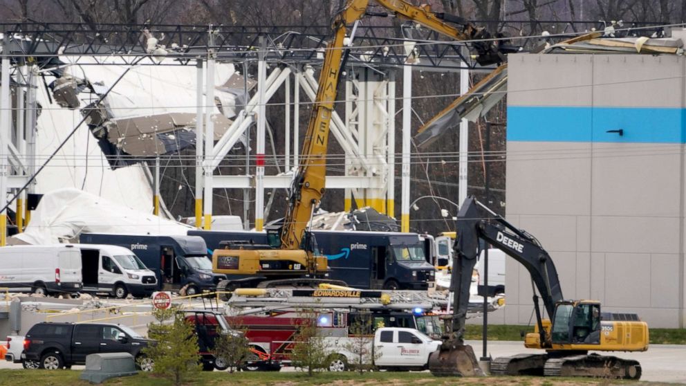 PHOTO: A heavily damaged Amazon fulfillment center after it was hit by a tornado, Dec. 11, 2021, in Edwardsville, Ill. 