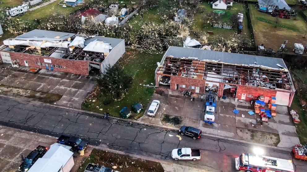 PHOTO: Damage from a series of tornadoes that passed through near Hutto, Texas, are seen from a drone, March 21, 2022.