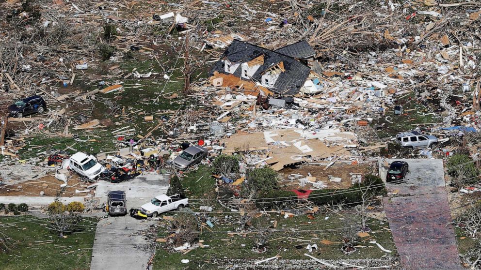 PHOTO: Debris from storm shattered homes are scattered on the ground near Cookeville, Tenn., March 3, 2020. Deadly tornadoes ripped across the state early Tuesday.