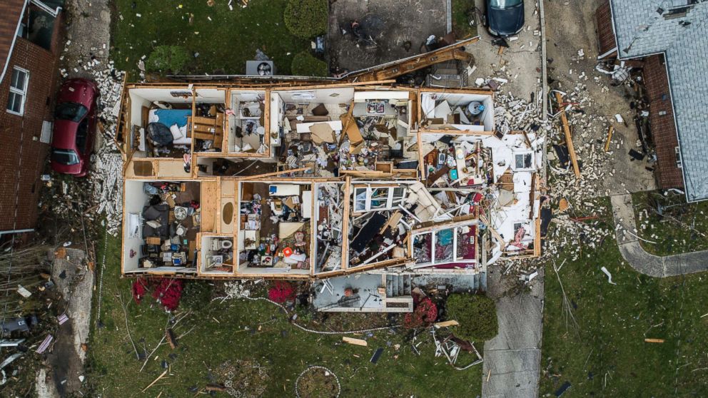 PHOTO: An aerial view of significant damage to a home in Greensboro, N.C.,April 16, 2018.