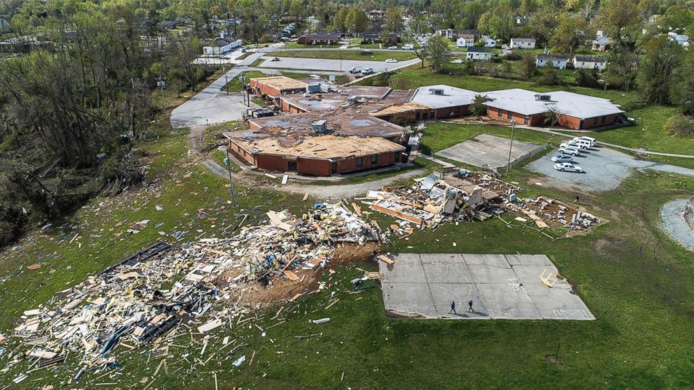 PHOTO: An aerial view of significant damage to W.M. Hampton Elementary School in Greensboro, N.C., April 16, 2018. 