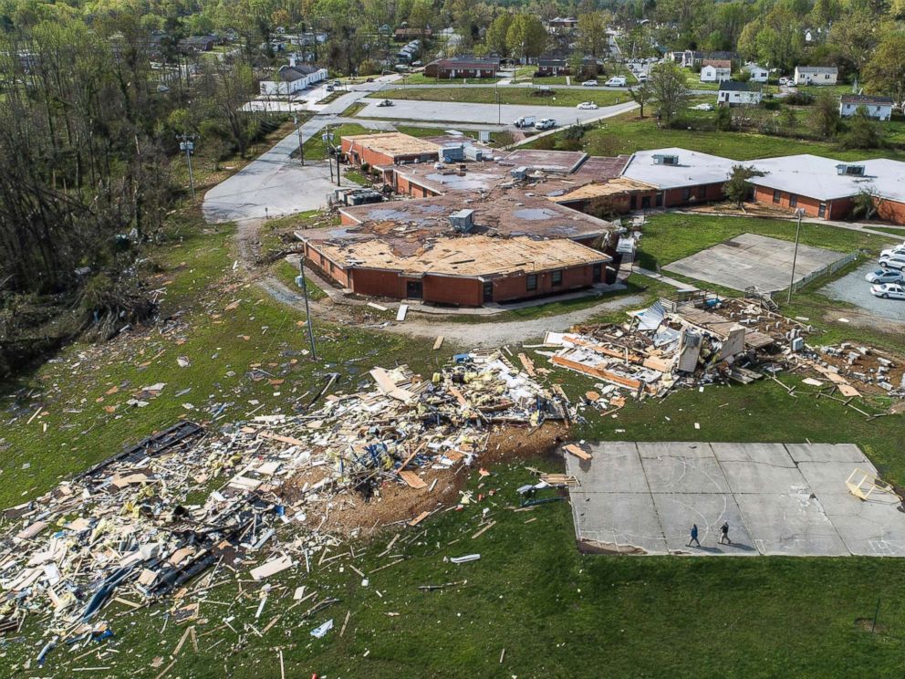 PHOTO: An aerial view of significant damage to W.M. Hampton Elementary School in Greensboro, N.C., April 16, 2018.