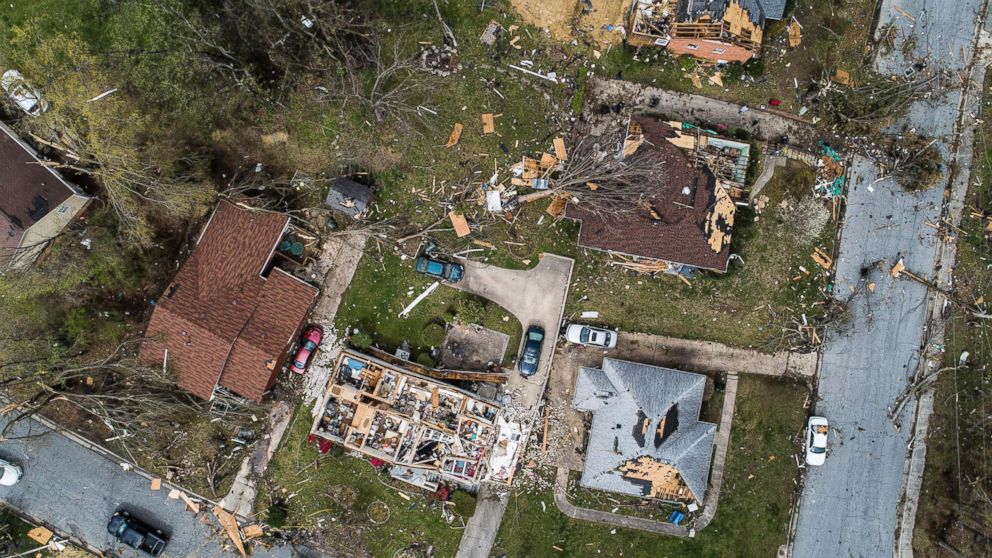 PHOTO: An aerial view of significant damage to homes in Greensboro, N.C., April 16, 2018.  