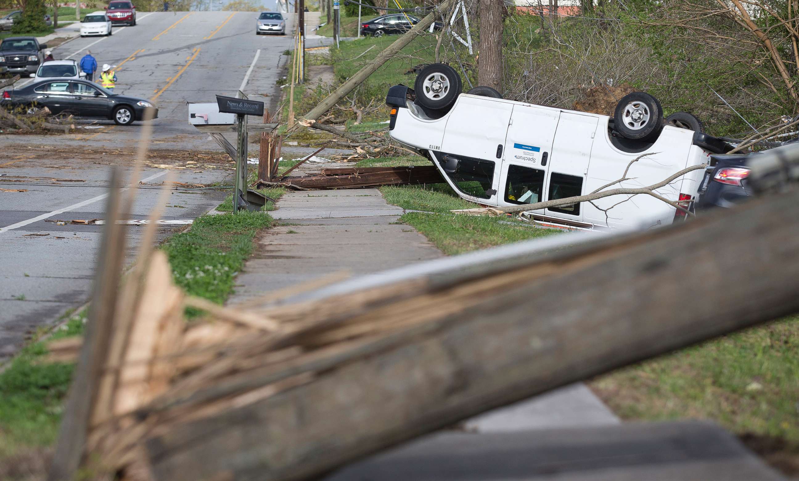 PHOTO: Damage lines Phillips Avenue the day after a tornado hit, leaving devastation throughout the eastern portion of the city, April 16, 2018, in Greensboro, N.C. 