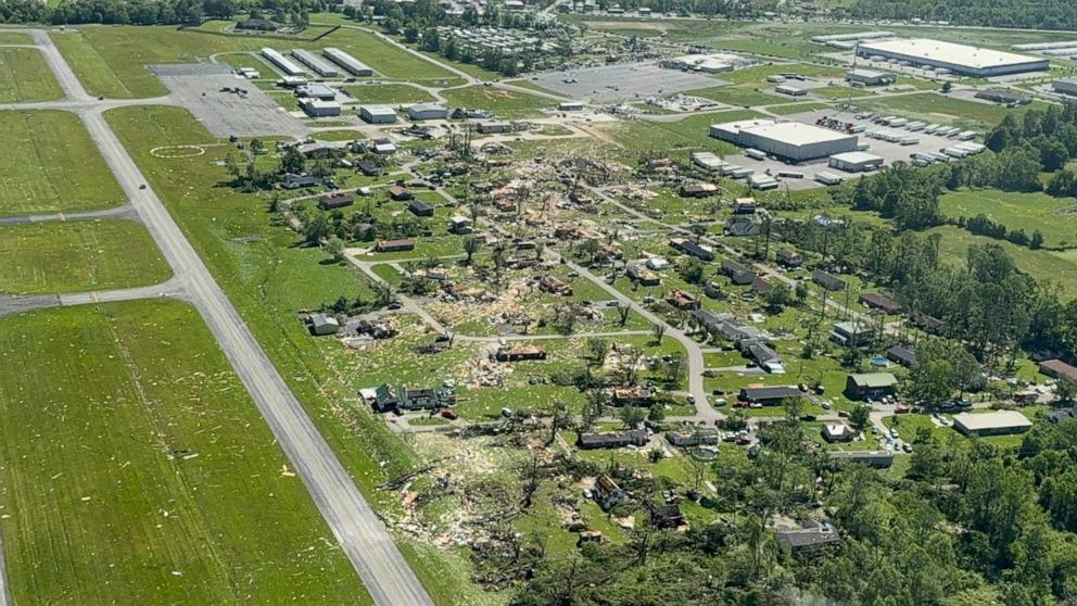 PHOTO: In this photo released by London, Ky., Mayor Randall Weddle, a path of destruction is shown from a tornado that swept through the area on May 16, 2025.