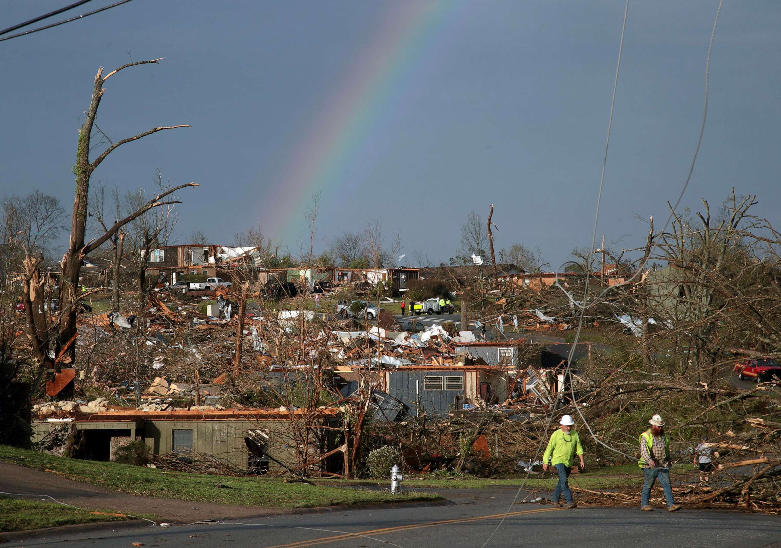 PHOTO: A rainbow shines amidst the remains of a neighborhood damaged by a tornado on March 31, 2023, in Little Rock, Arkansas.