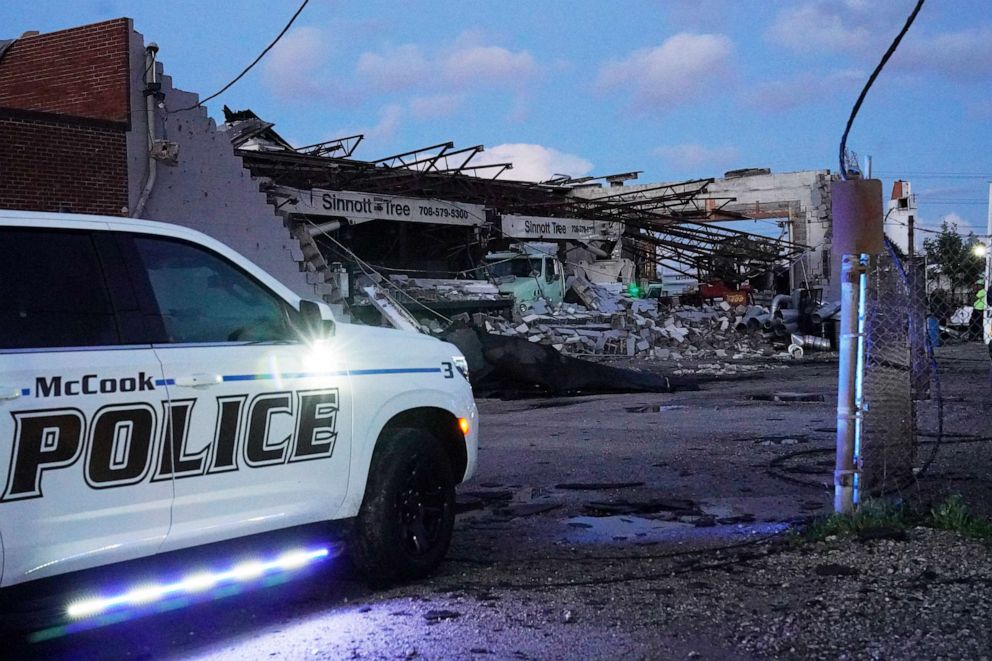 PHOTO: Damage is seen to the Sinnott Tree Service building in McCook, Illinois, on July 12, 2023, as the National Weather Service issued multiple tornado warnings in the Chicago area.