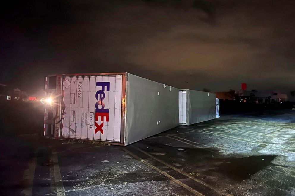 PHOTO: This photo provided by Erin Parks shows a truck overturned in Shawnee, Oka., on April 19, 2023. Central Oklahoma saw tornadoes, including one that raced through the communities of Shawnee and Cole.