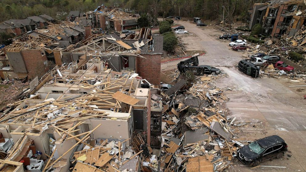 PHOTO: FILE - An aerial view Calais Apartments, in the aftermath of a tornado, after a monster storm system tore through the South and Midwest, in Little Rock, Ark., April 2, 2023.