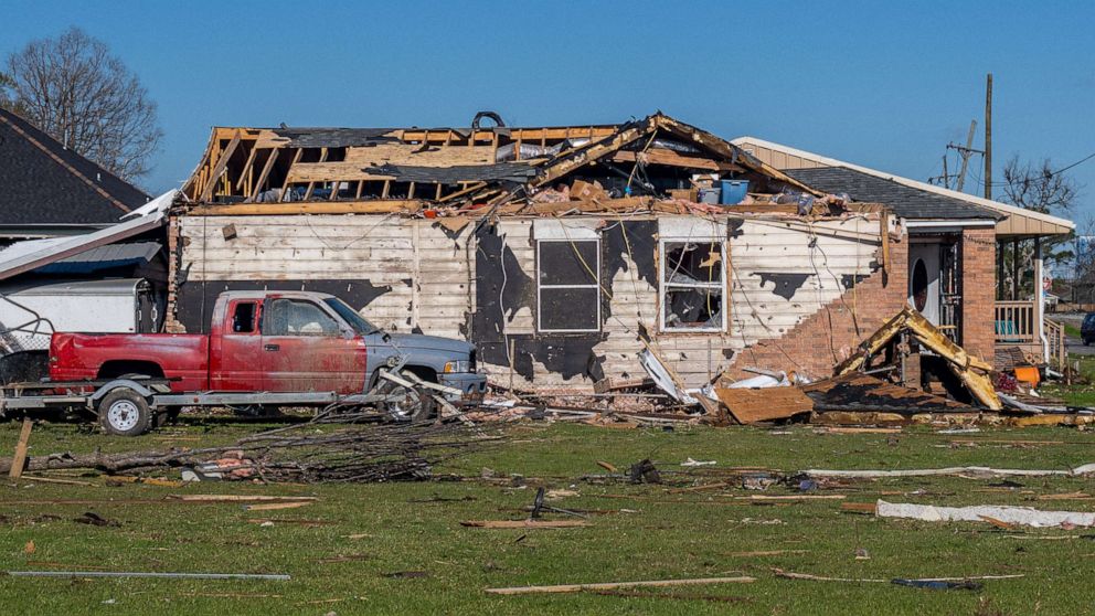 PHOTO: A tornado-damaged home is seen in the Arabi neighborhood of New Orleans, La on March 23, 2022. Two tornados struck New Orleans last night, leaving several neighborhoods destroyed and at least one person dead. 