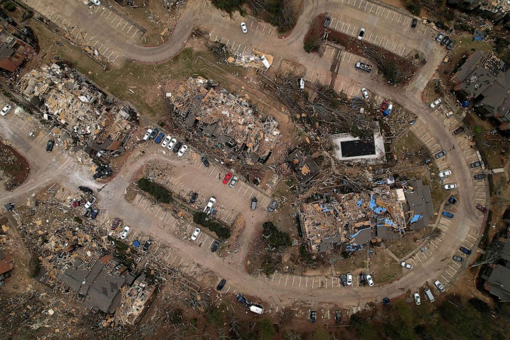 PHOTO: An aerial view Calais Apartments, in the aftermath of a tornado, after a monster storm system tore through the South and Midwest, in Little Rock, Ark., April 2, 2023.