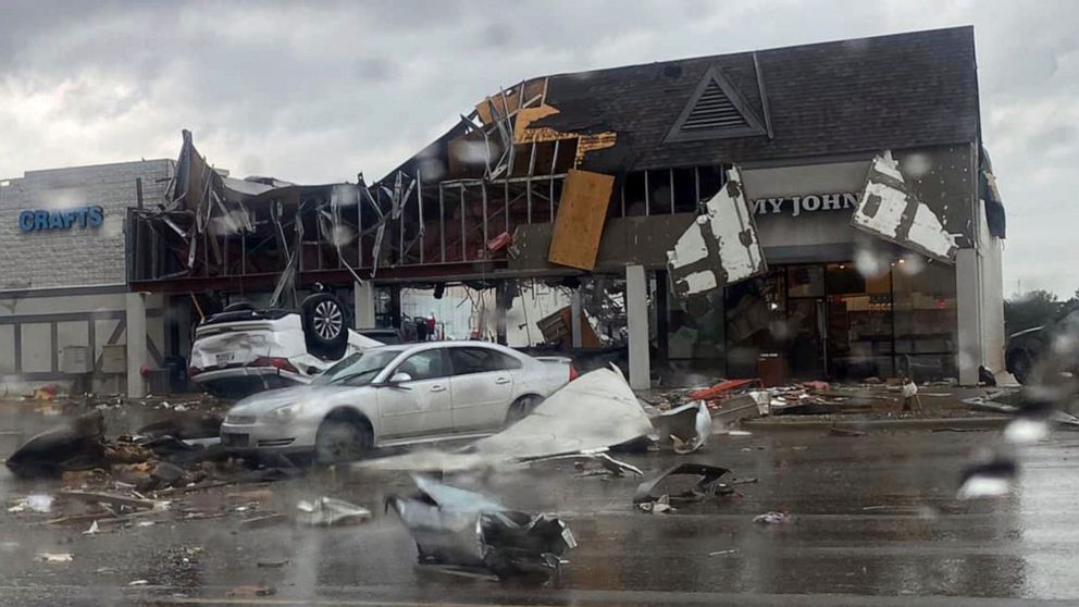 PHOTO: In this image provided by Steven Bischer, damage is shown following an apparent tornado, on May 20, 2022, in Gaylord, Mich.