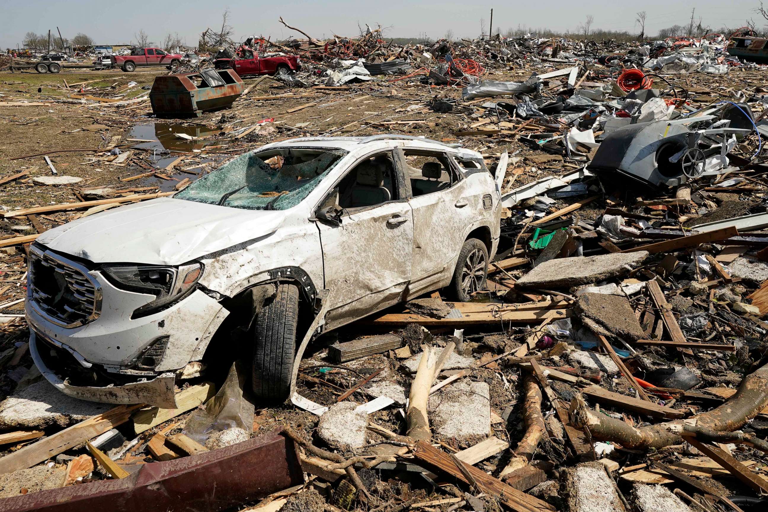 PHOTO: A vehicle destroyed by a tornado sits in a pile of rubble, Mar. 25, 2023, in Rolling Fork, Miss.
