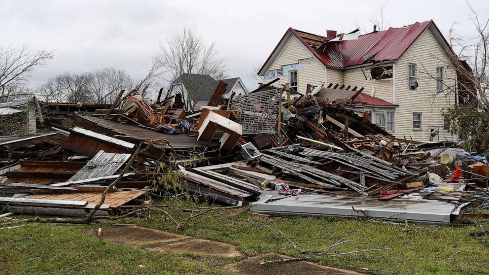 PHOTO: Debris and wreckage are seen after a tornado touched down, April 5, 2023 in Glenallen, Missouri.