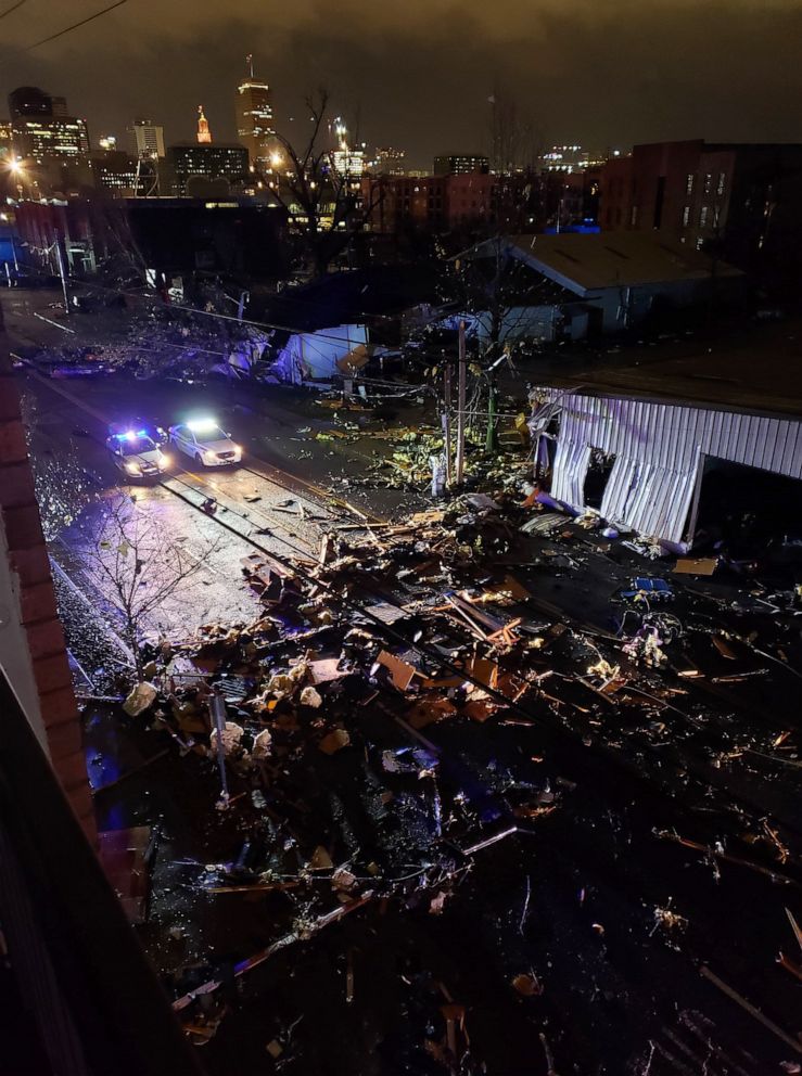 PHOTO: Police cars at the scene where a tornodo touched down in Nashville, Tenn., March 3, 2020.