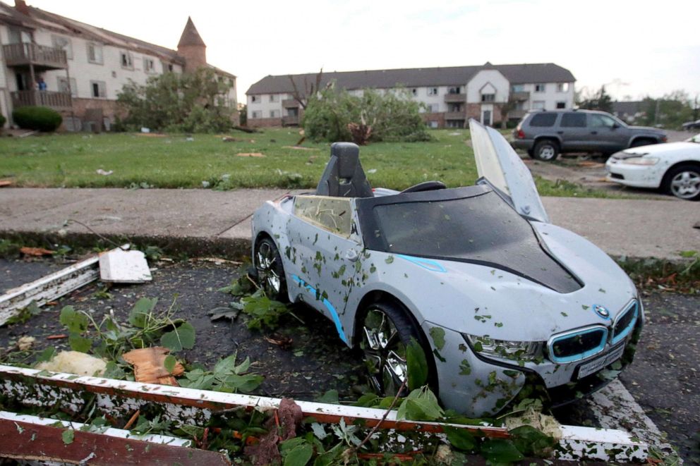 PHOTO:A child's toy car sits among debris from a tornado that touched down overnight in Trotwood, Ohio, May 28, 2019.