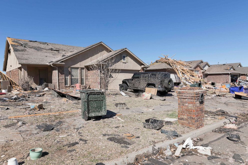 PHOTO: Homes sits damaged along Frost Lane on Feb. 27, 2023 in Norman, Okla. The damage came after rare severe storms and tornadoes moved through Oklahoma overnight.