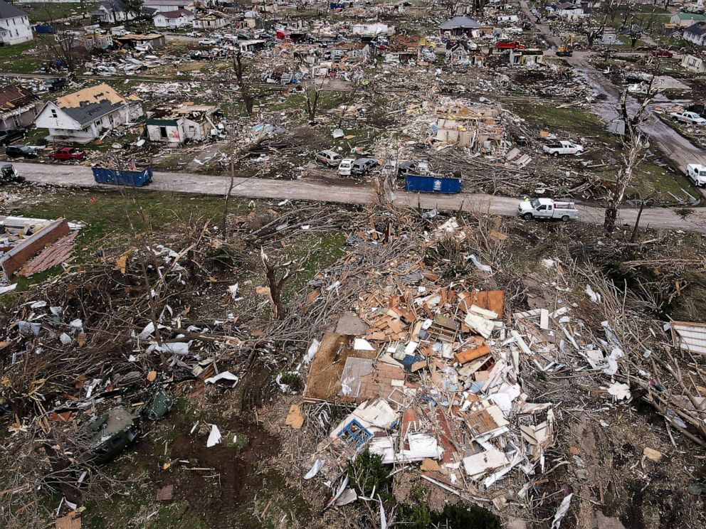 PHOTO: Destroyed and damaged homes are seen on the southern side of the city the day after a tornado hit Sullivan, Ind., April 1, 2023.