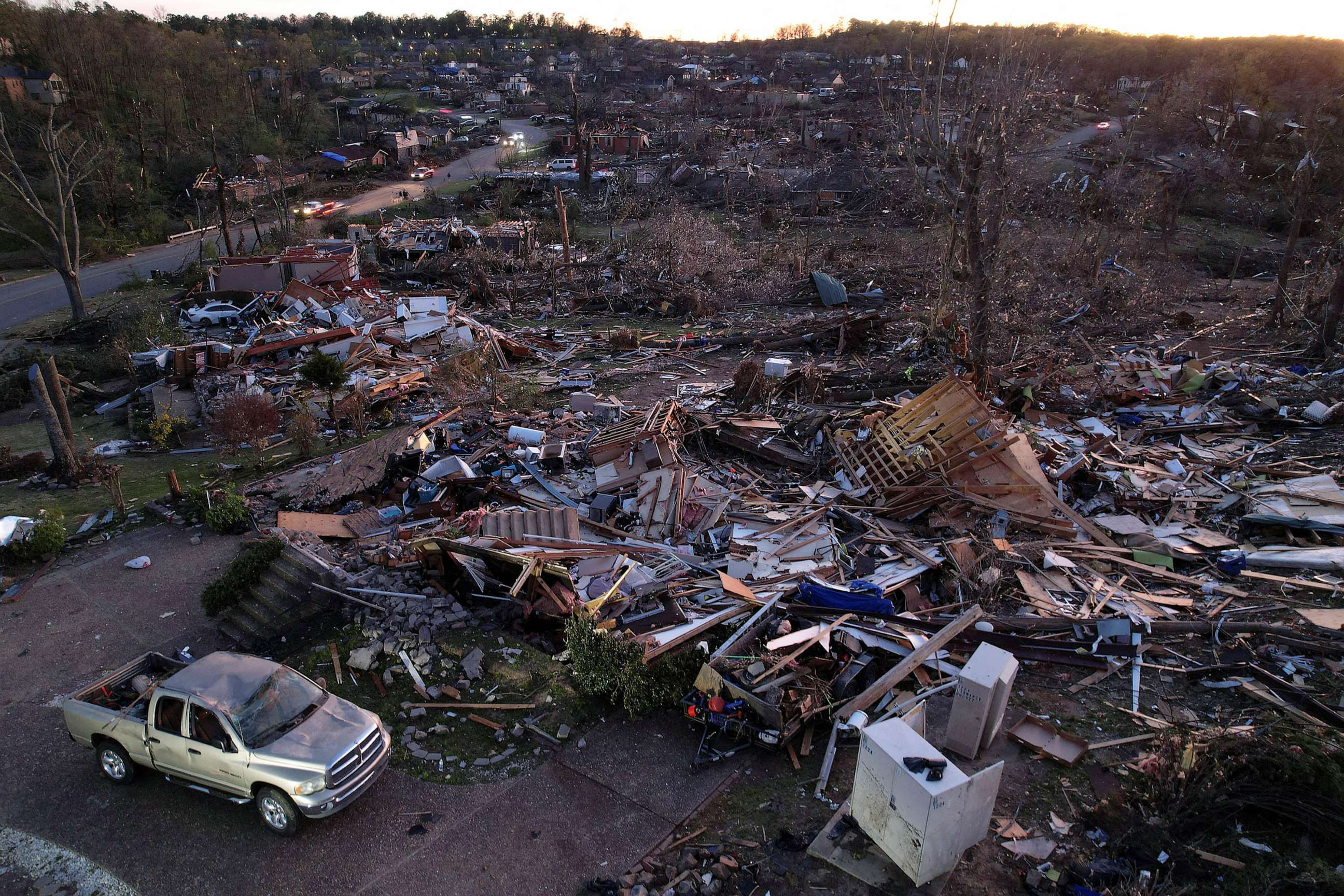 PHOTO: FILE - An aerial view of destroyed homes in the aftermath of a tornado, after a monster storm system tore through the South and Midwest in Little Rock, Ark., April 1, 2023.