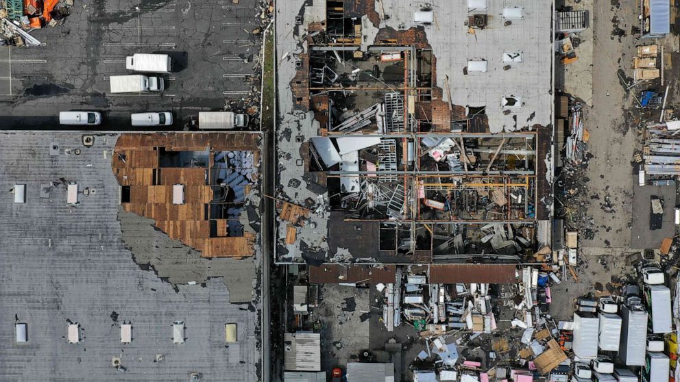 PHOTO: An aerial image shows damage to the roofs of industrial buildings from a tornado during a winter storm in Montebello, a city in Los Angeles County, Calif., on March 23, 2023.