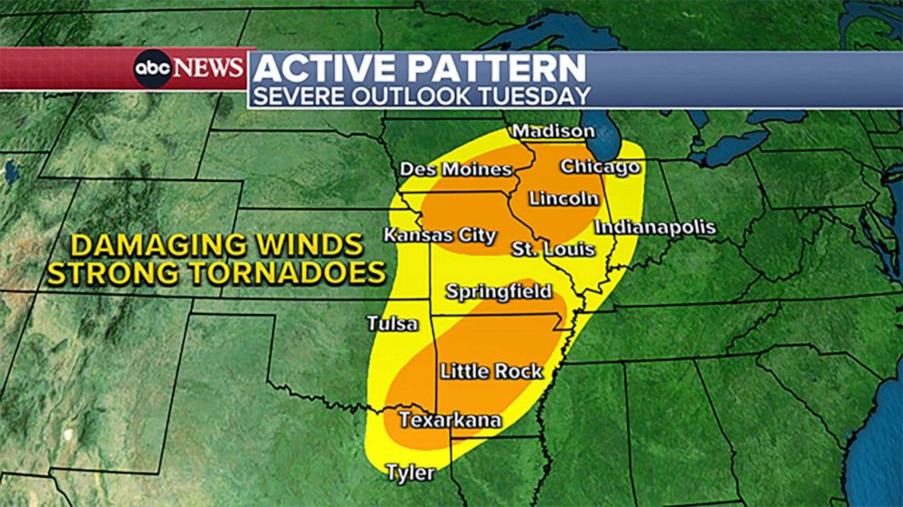 PHOTO: Tuesday’s severe weather threat includes cities like Chicago, Des Moines, Kansas City, St. Louis, and Little Rock.