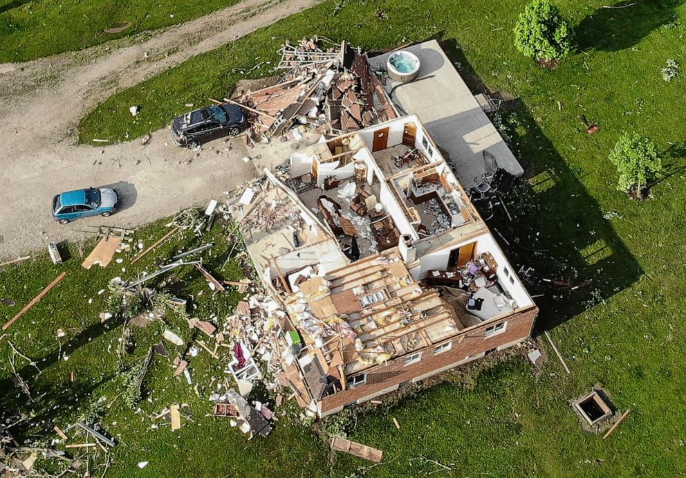 PHOTO: Storm damaged homes remain after a tornado passed through the area the previous evening, May 28, 2019, in Brookville, Ohio.