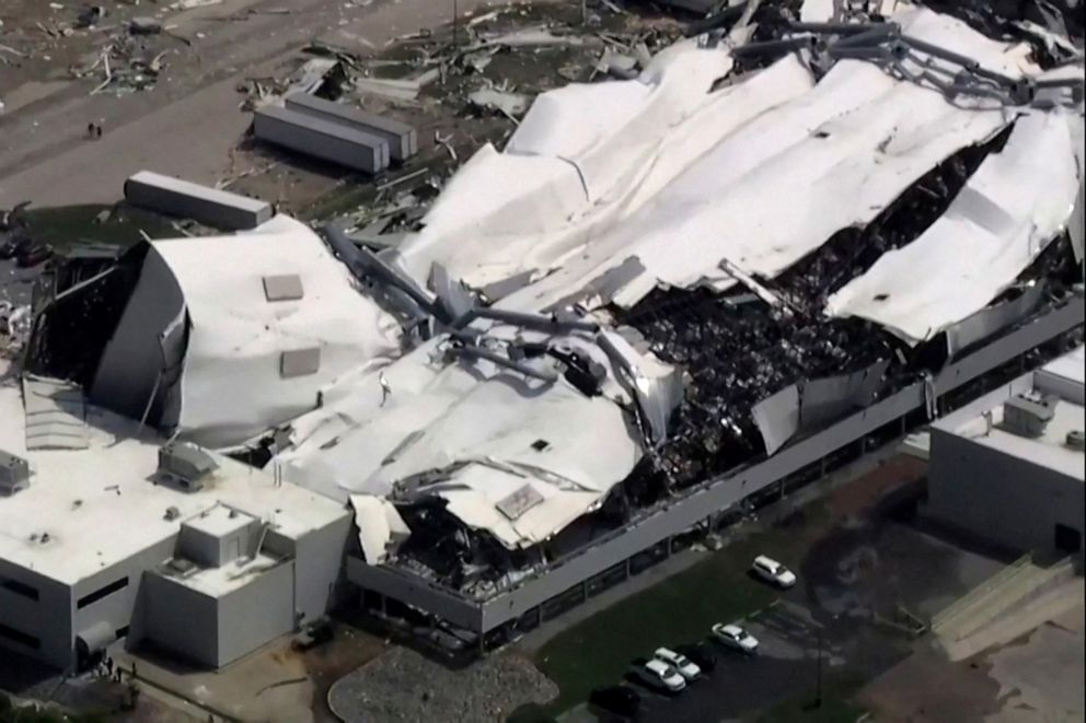 PHOTO: The roof of a Pfizer facility shows severe damage after a tornado ripped through the Rocky Mount, NC area on July 19, 2023.