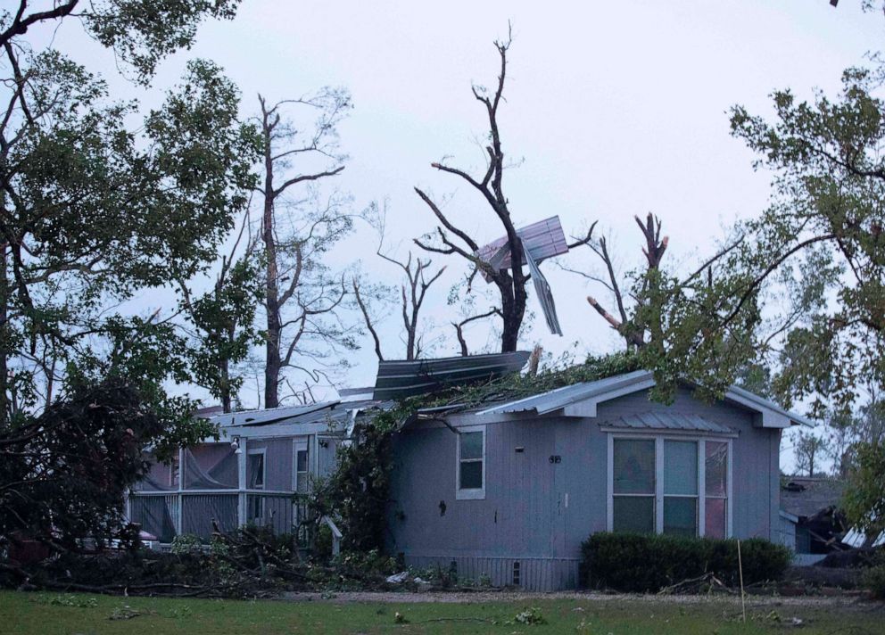 PHOTO: A damaged home is seen after an apparent tornado touched down, April 22, 2020, in Onalaska, Texas.