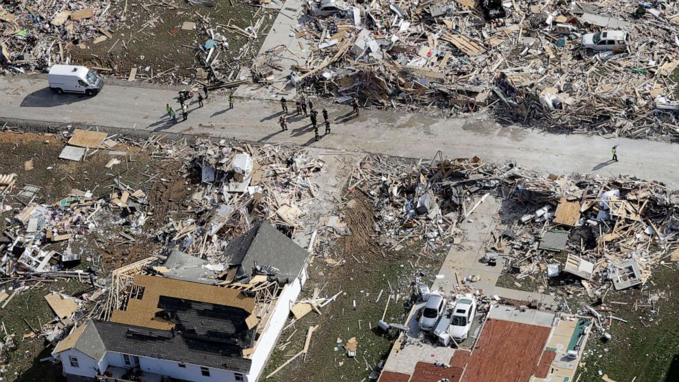 PHOTO: Emergency personnel work among destroyed homes near Cookeville, Tennessee, on March 3, 2020, after tornadoes ripped across the state in the hours before midnight.