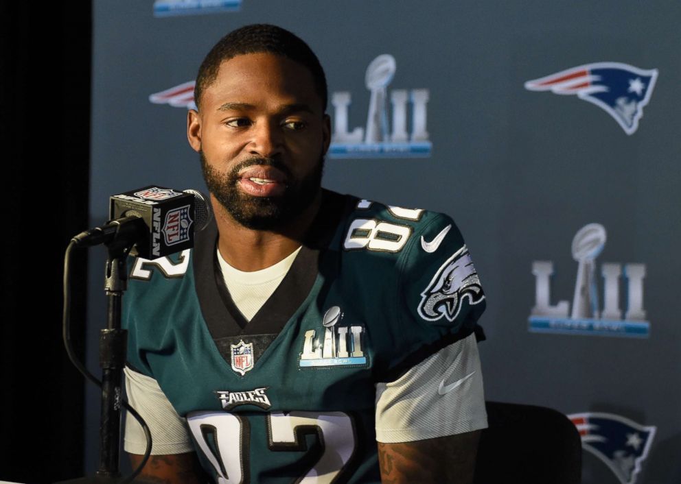 PHOTO: Torrey Smith #82 of the Philadelphia Eagles speaks to the media during Super Bowl LII media availability on Jan. 31, 2018 in Bloomington, Minnesota. 