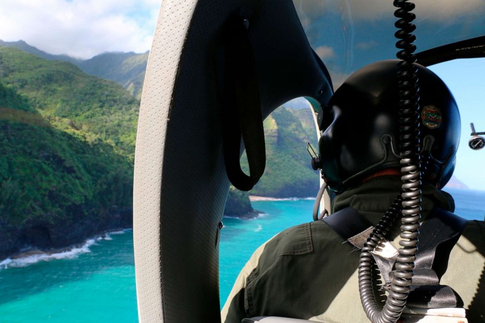 PHOTO: A Coast Guard search and rescue team looks over Napali Coast State Wilderness Park for a tour Helicopter that disappeared in Hawaii with seven people aboard on Dec. 27, 2019. 