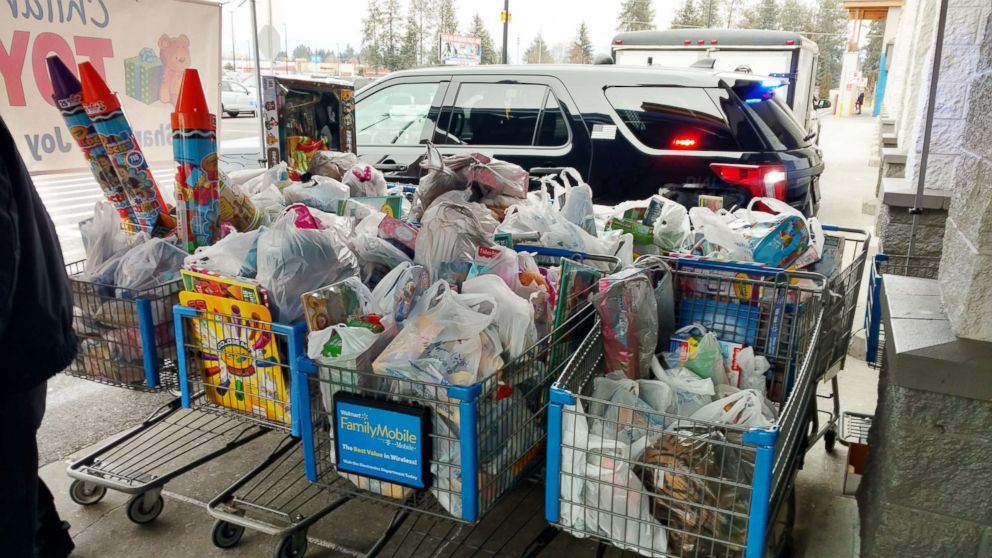 PHOTO: Walmart shopping carts are filled with toys for a donation drive in Hayden, a suburb of Coeur d'Alene, Idaho, Dec. 15, 2018.